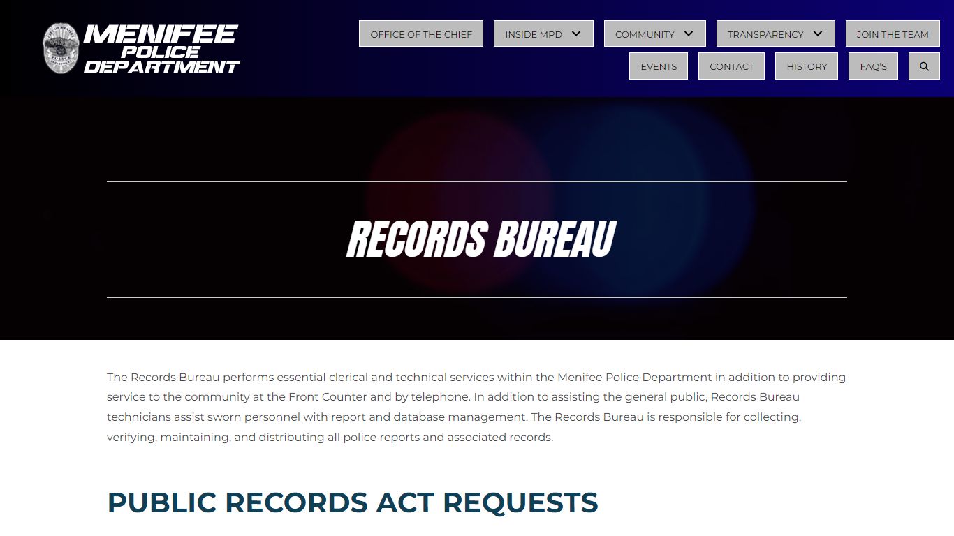 RECORDS BUREAU - Menifee Police Department